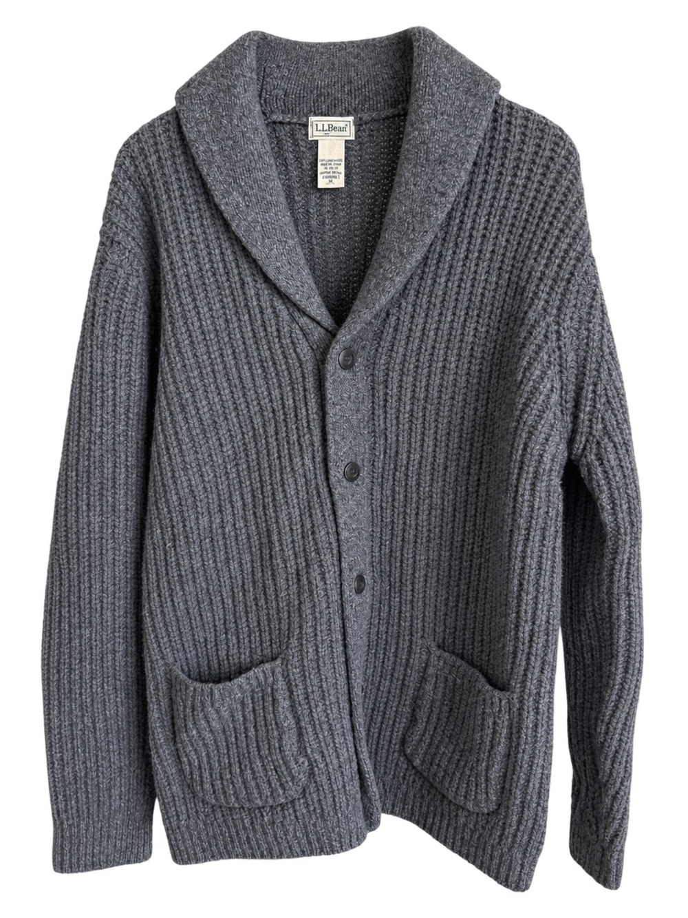 L.L. Bean 100% Lambswool Gray Shawl Collar Cardigan Sweater Size L-Reg